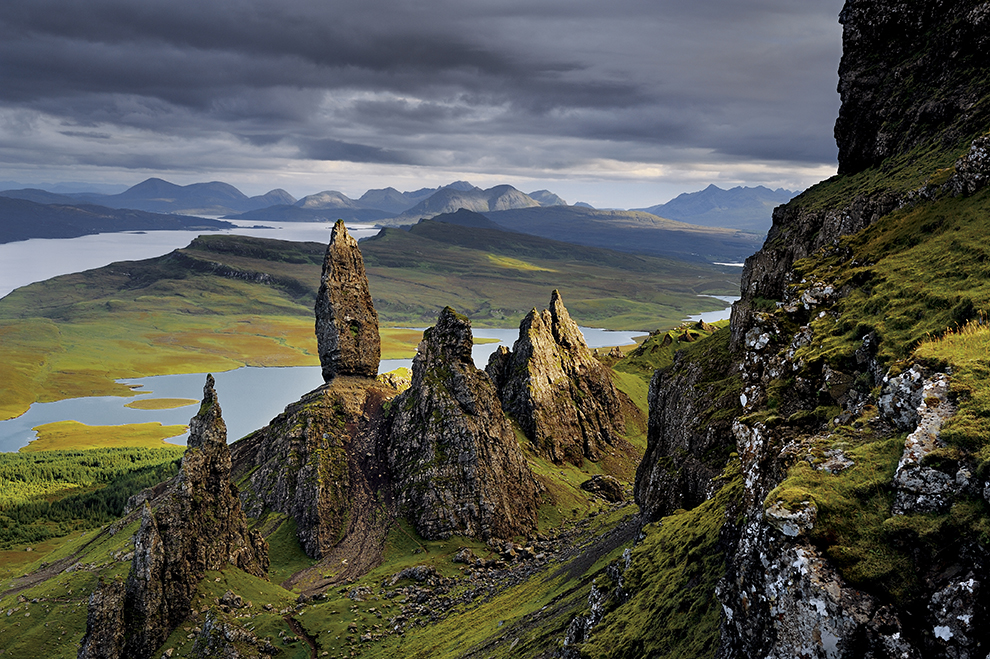The Storr is part of the Trotternish geologic formation in the northeast corner of the Isle of Skye, Scotland. The largest of the monoliths is called The Old Man of Storr. To the south are the Cuillins of southern Skye.